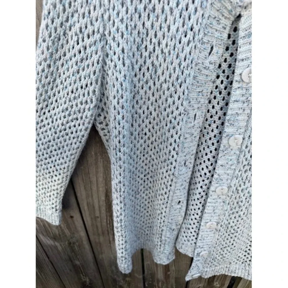 Boho Crochet Open Knit Cable & Gauge Cardigan XL Blue White Marled Mesh Sweater